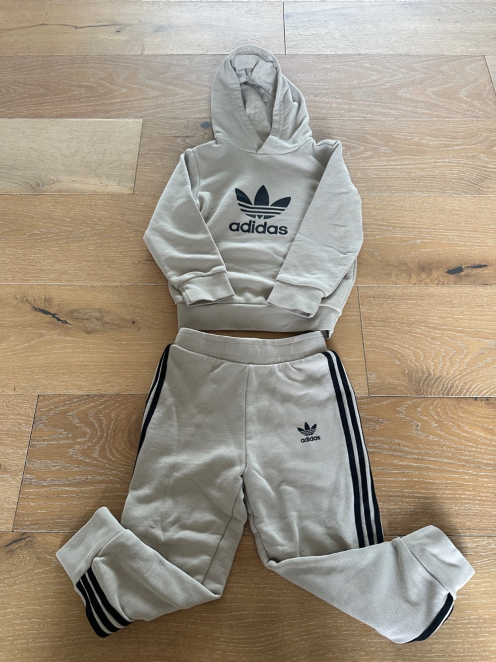 adidas Kids Beige Joggers & Hoodie Set with Black Trefoil